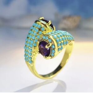 Gold Plated Amethyst Crystal Turquoise Seed Bead Bypass Ring